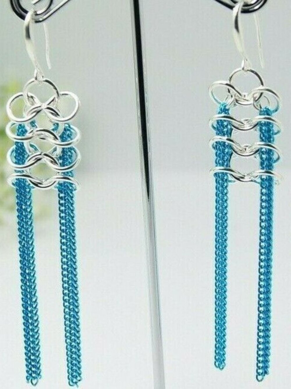 Handcrafted Long Shoulder Duster Metal Chain Earrings Silver Turquoise Blue